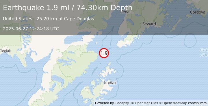 Earthquake 69 km SW of Nanwalek, Alaska (1.9 ml) (2025-06-27 12:24:18 UTC)