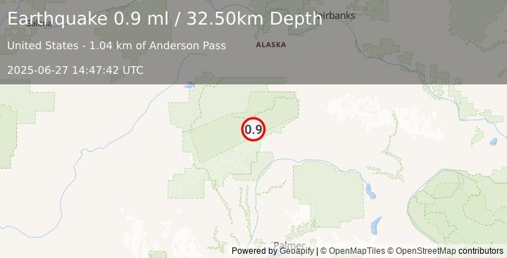 Earthquake 64 km WSW of Cantwell, Alaska (0.9 ml) (2025-06-27 14:47:42 UTC)