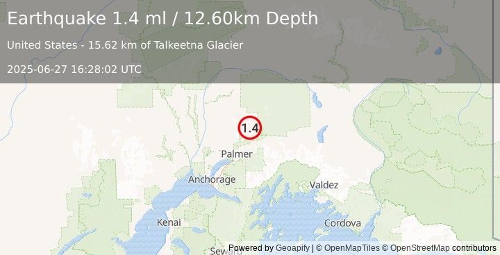 Earthquake 24 km N of Sutton-Alpine, Alaska (1.4 ml) (2025-06-27 16:28:02 UTC)