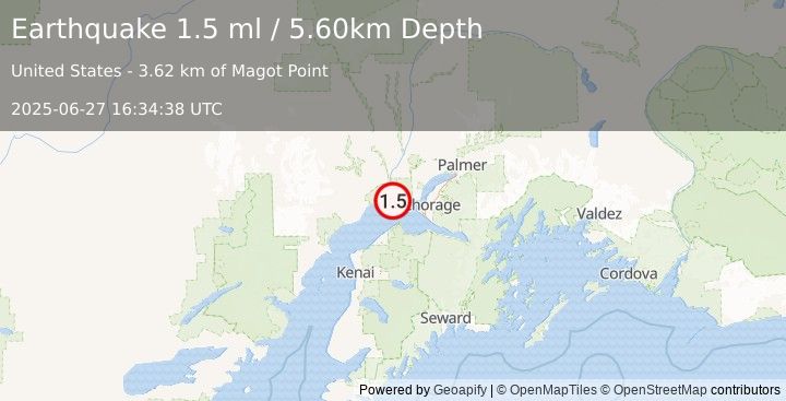 Earthquake 30 km WSW of Point MacKenzie, Alaska (1.5 ml) (2025-06-27 16:34:38 UTC)