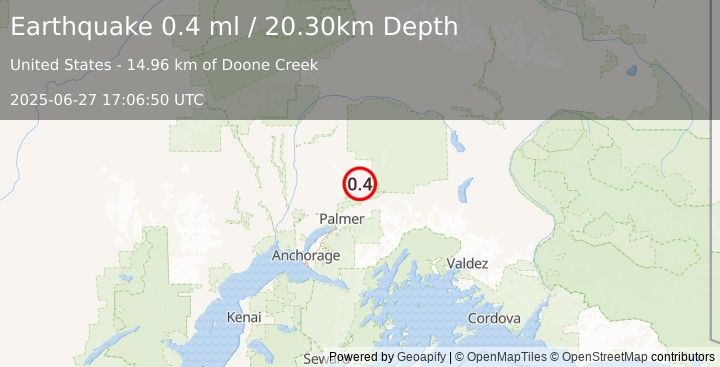 Earthquake 20 km N of Sutton-Alpine, Alaska (0.4 ml) (2025-06-27 17:06:50 UTC)