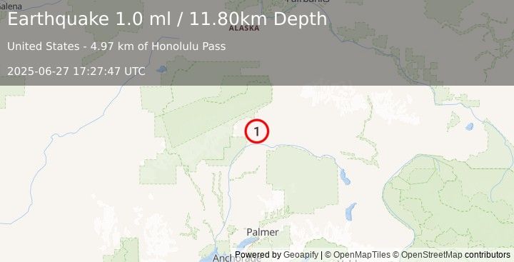 Earthquake 42 km SSW of Cantwell, Alaska (1.0 ml) (2025-06-27 17:27:47 UTC)