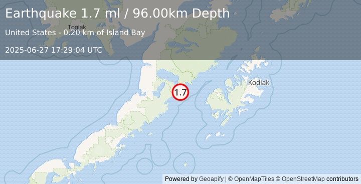 Earthquake 82 km W of Karluk, Alaska (1.7 ml) (2025-06-27 17:29:04 UTC)