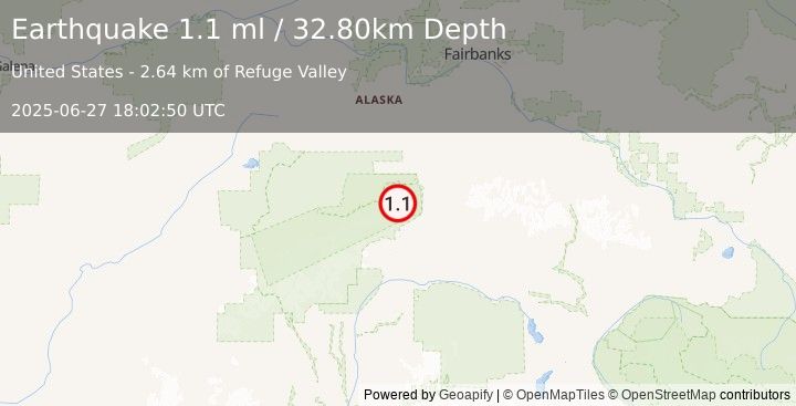 Earthquake 24 km NW of Cantwell, Alaska (1.1 ml) (2025-06-27 18:02:50 UTC)