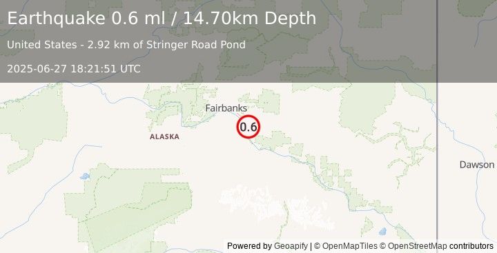 Earthquake 8 km NW of Salcha, Alaska (0.6 ml) (2025-06-27 18:21:51 UTC)