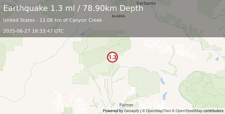 Earthquake 62 km WSW of Cantwell, Alaska (1.3 ml) (2025-06-27 18:33:47 UTC)