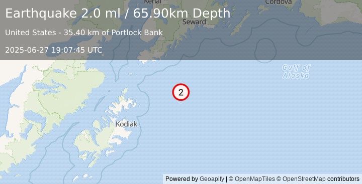 Earthquake 137 km SSE of Halibut Cove, Alaska (2.0 ml) (2025-06-27 19:07:45 UTC)