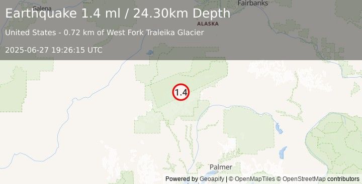 Earthquake 63 km SE of Denali National Park, Alaska (1.4 ml) (2025-06-27 19:26:15 UTC)