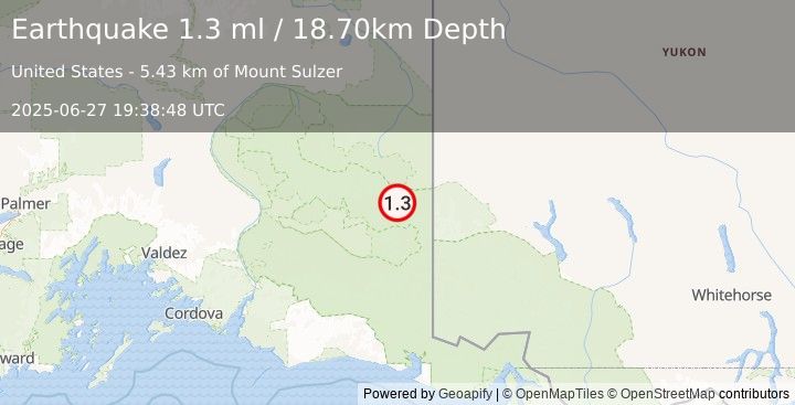 Earthquake 67 km ENE of McCarthy, Alaska (1.3 ml) (2025-06-27 19:38:48 UTC)