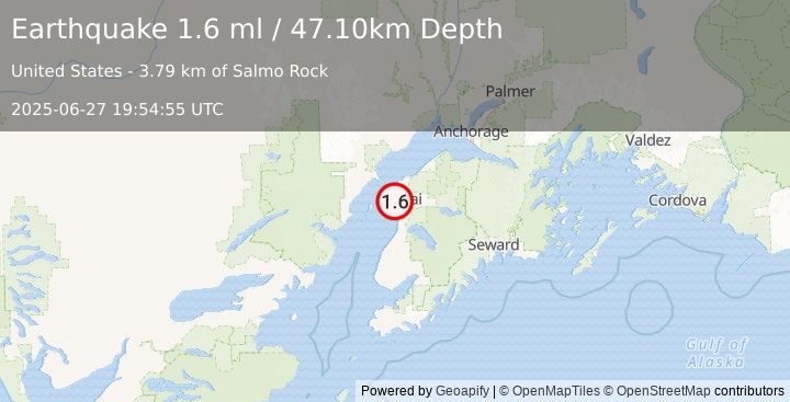 Earthquake 9 km WSW of Kenai, Alaska (1.6 ml) (2025-06-27 19:54:55 UTC)