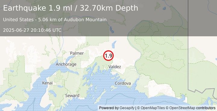 Earthquake 49 km NNW of Valdez, Alaska (1.9 ml) (2025-06-27 20:10:46 UTC)