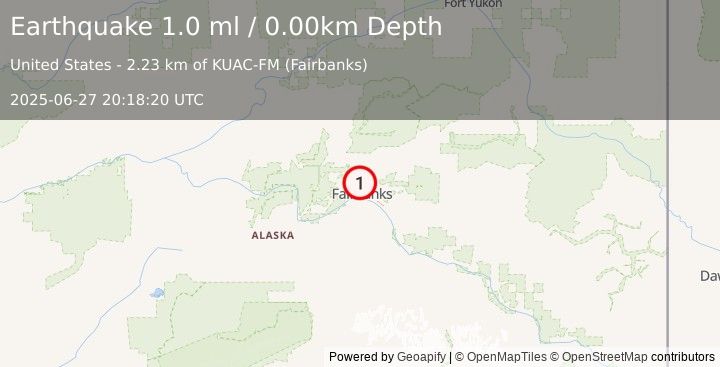 Earthquake 3 km NW of Farmers Loop, Alaska (1.0 ml) (2025-06-27 20:18:20 UTC)