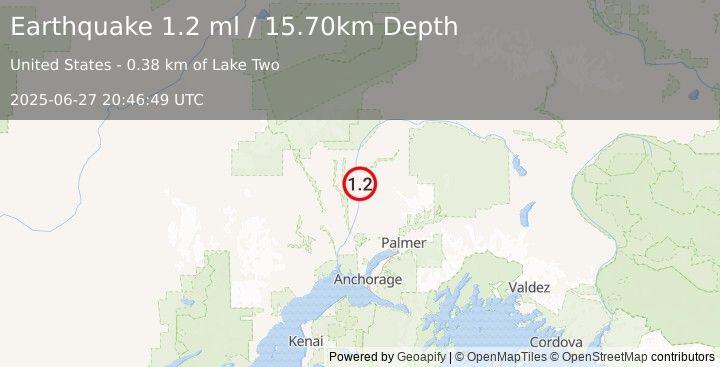 Earthquake 12 km WNW of Susitna North, Alaska (1.2 ml) (2025-06-27 20:46:49 UTC)