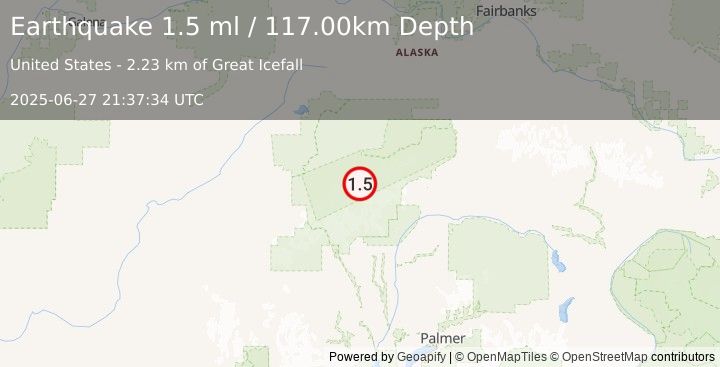 Earthquake 57 km SE of Denali National Park, Alaska (1.5 ml) (2025-06-27 21:37:34 UTC)
