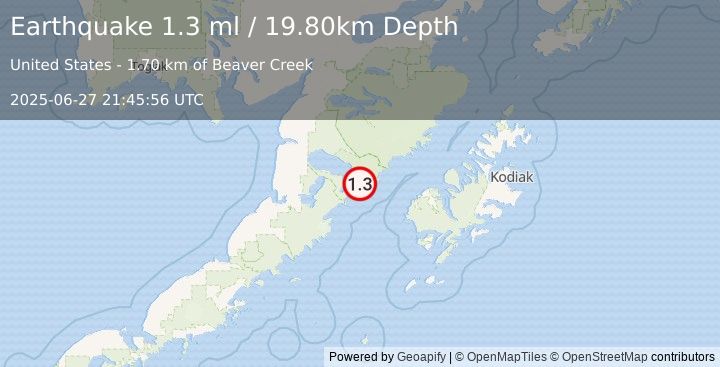 Earthquake 78 km W of Karluk, Alaska (1.3 ml) (2025-06-27 21:45:56 UTC)
