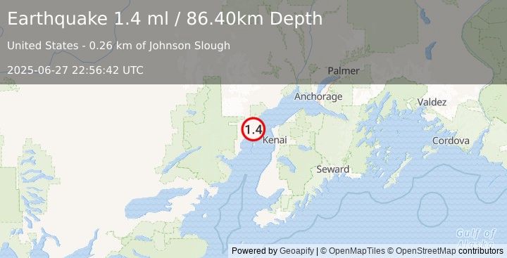 Earthquake 34 km W of Nikiski, Alaska (1.4 ml) (2025-06-27 22:56:42 UTC)