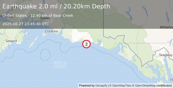 Earthquake 165 km WNW of Yakutat, Alaska (2.0 ml) (2025-06-27 23:45:40 UTC)