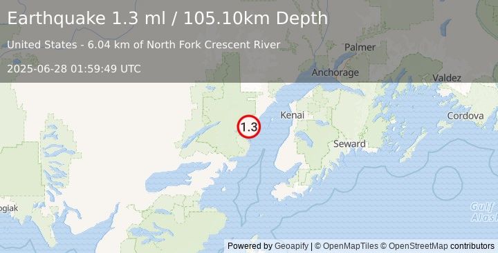 Earthquake 64 km WNW of Ninilchik, Alaska (1.3 ml) (2025-06-28 01:59:49 UTC)