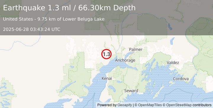 Earthquake 34 km NNW of Beluga, Alaska (1.3 ml) (2025-06-28 03:43:24 UTC)