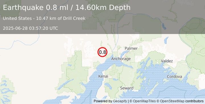 Earthquake 37 km NNW of Beluga, Alaska (0.8 ml) (2025-06-28 03:57:20 UTC)