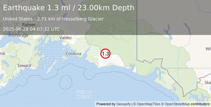 Earthquake 101 km SSW of McCarthy, Alaska (1.3 ml) (2025-06-28 04:07:32 UTC)