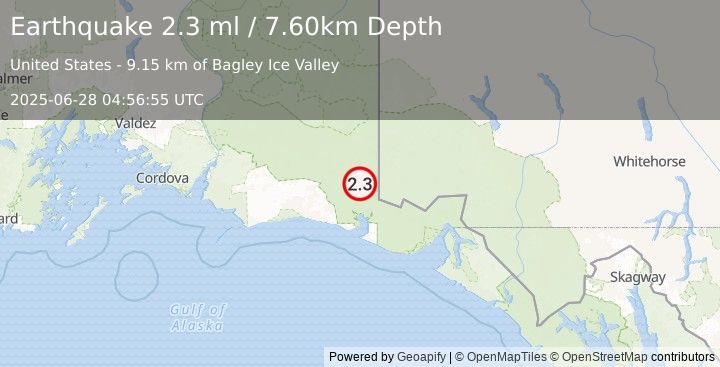 Earthquake 133 km SE of McCarthy, Alaska (2.3 ml) (2025-06-28 04:56:55 UTC)