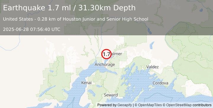 Earthquake 5 km SSE of Houston, Alaska (1.7 ml) (2025-06-28 07:56:40 UTC)