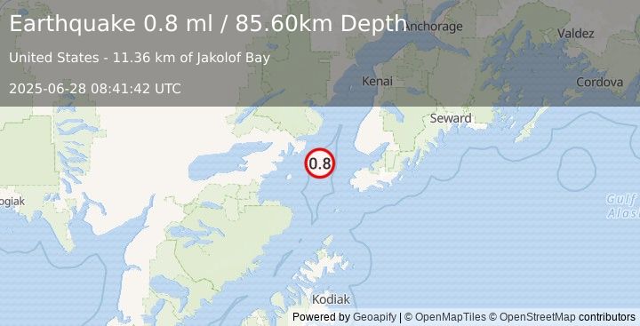 Earthquake 47 km WNW of Nanwalek, Alaska (0.8 ml) (2025-06-28 08:41:42 UTC)