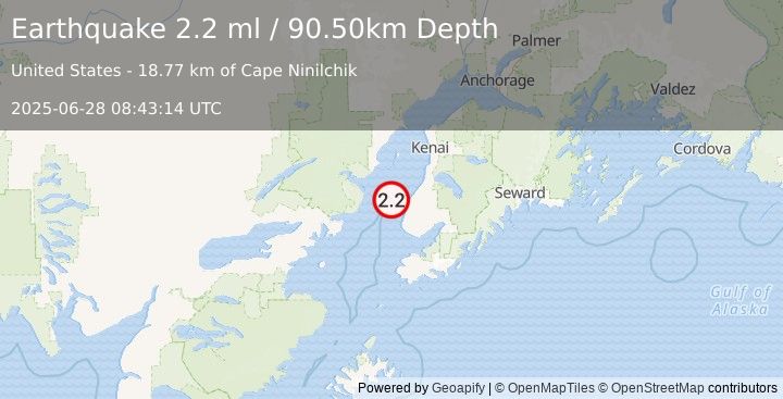 Earthquake 19 km WNW of Happy Valley, Alaska (2.2 ml) (2025-06-28 08:43:14 UTC)