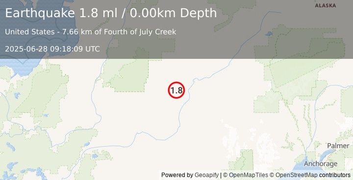 Earthquake 29 km SSW of Takotna, Alaska (1.8 ml) (2025-06-28 09:18:09 UTC)