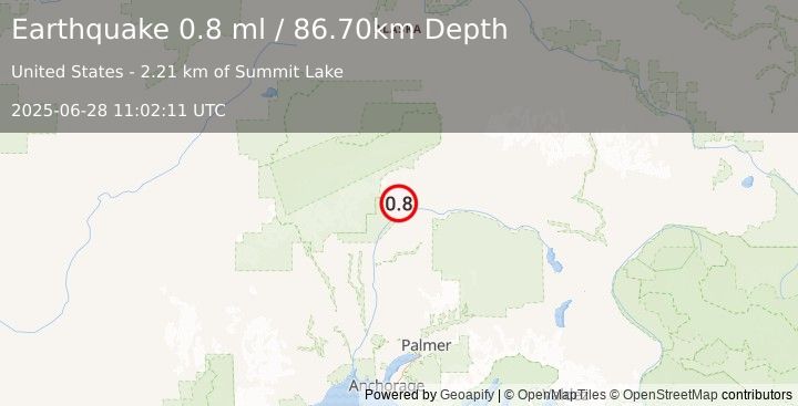 Earthquake 56 km NNE of Chase, Alaska (0.8 ml) (2025-06-28 11:02:11 UTC)