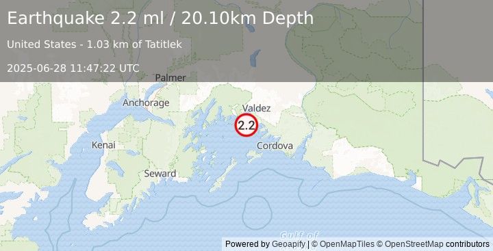 Earthquake 1 km SSE of Tatitlek, Alaska (2.2 ml) (2025-06-28 11:47:22 UTC)