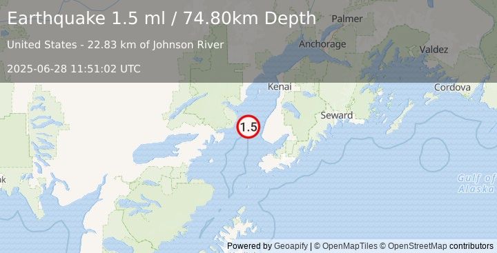Earthquake 28 km NW of Anchor Point, Alaska (1.5 ml) (2025-06-28 11:51:02 UTC)