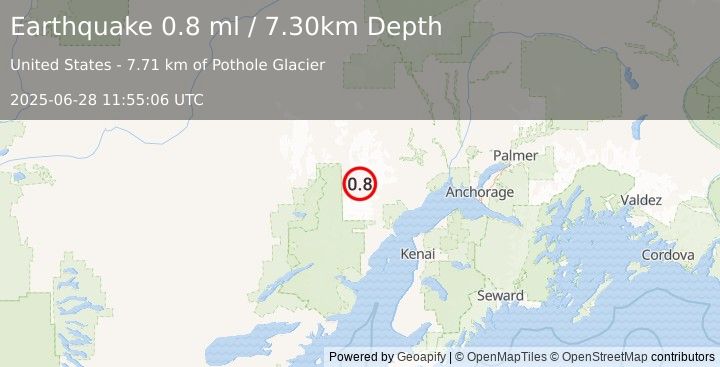 Earthquake 79 km WNW of Tyonek, Alaska (0.8 ml) (2025-06-28 11:55:06 UTC)