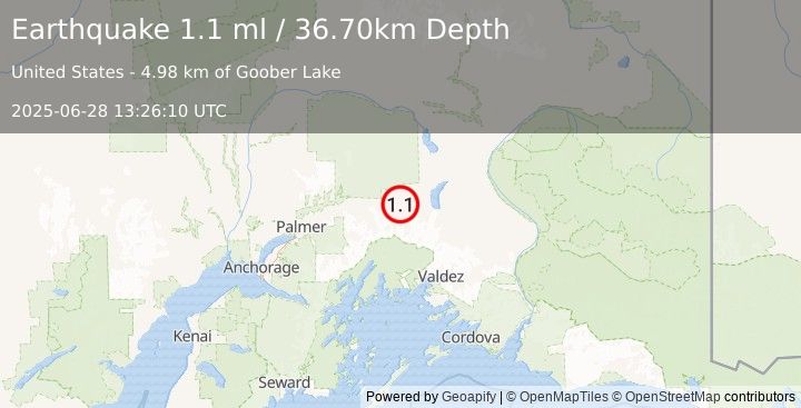 Earthquake 14 km S of Eureka Roadhouse, Alaska (1.1 ml) (2025-06-28 13:26:10 UTC)