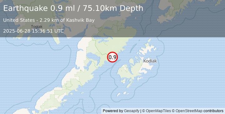 Earthquake 53 km NW of Karluk, Alaska (0.9 ml) (2025-06-28 15:36:51 UTC)