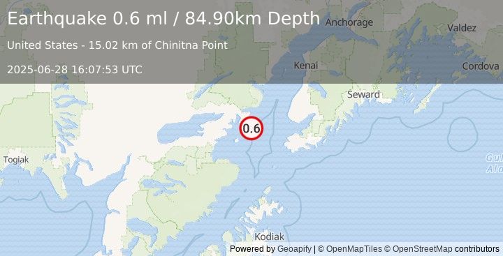 Earthquake 63 km WNW of Nanwalek, Alaska (0.6 ml) (2025-06-28 16:07:53 UTC)