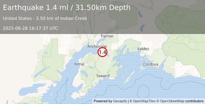 Earthquake 13 km NE of Hope, Alaska (1.4 ml) (2025-06-28 16:17:37 UTC)