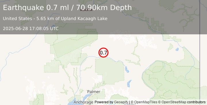 Earthquake 53 km SSE of Cantwell, Alaska (0.7 ml) (2025-06-28 17:08:05 UTC)