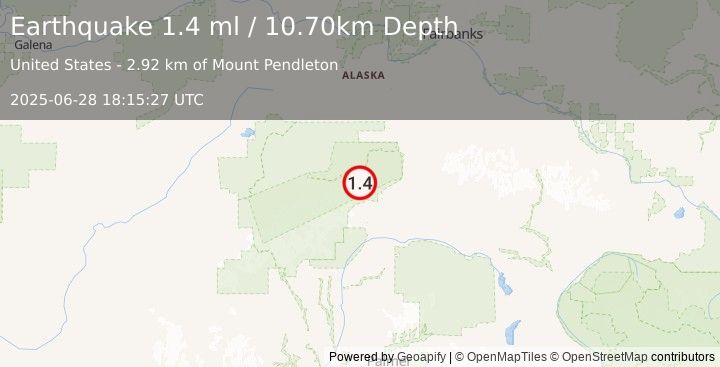 Earthquake 40 km W of Cantwell, Alaska (1.4 ml) (2025-06-28 18:15:27 UTC)