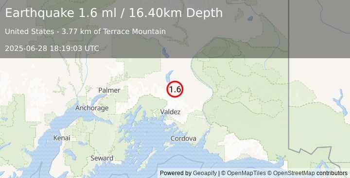 Earthquake 51 km W of Tonsina, Alaska (1.6 ml) (2025-06-28 18:19:03 UTC)