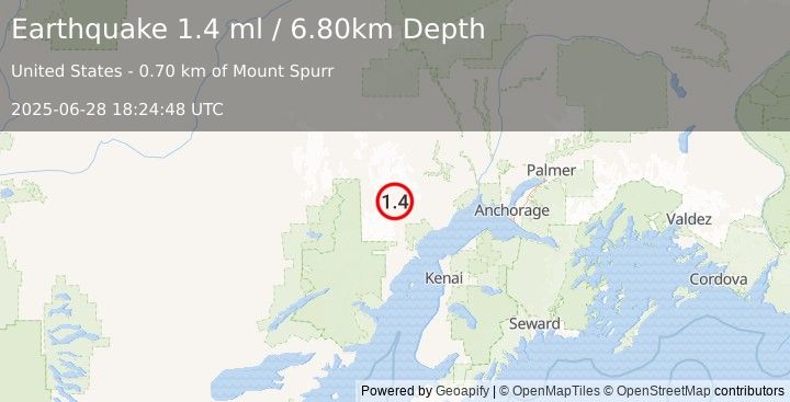 Earthquake 64 km WNW of Beluga, Alaska (1.4 ml) (2025-06-28 18:24:48 UTC)