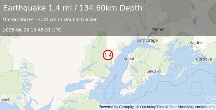 Earthquake 80 km W of Salamatof, Alaska (1.4 ml) (2025-06-28 19:48:31 UTC)