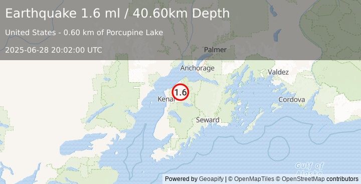 Earthquake 19 km NNE of Sterling, Alaska (1.6 ml) (2025-06-28 20:02:00 UTC)