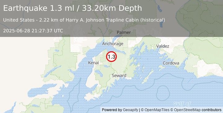 Earthquake 24 km SW of Hope, Alaska (1.3 ml) (2025-06-28 21:27:37 UTC)