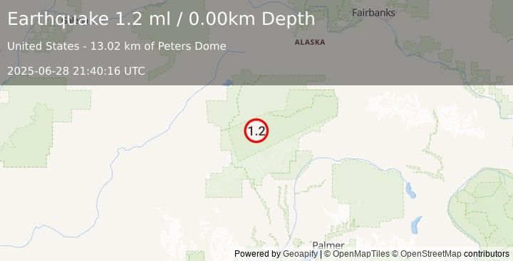 Earthquake 39 km SSE of Denali National Park, Alaska (1.2 ml) (2025-06-28 21:40:16 UTC)