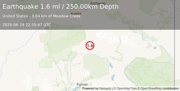 Earthquake 34 km SE of Cantwell, Alaska (1.6 ml) (2025-06-28 22:35:47 UTC)