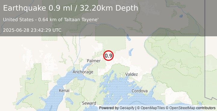 Earthquake 19 km W of Glacier View, Alaska (0.9 ml) (2025-06-28 23:42:29 UTC)