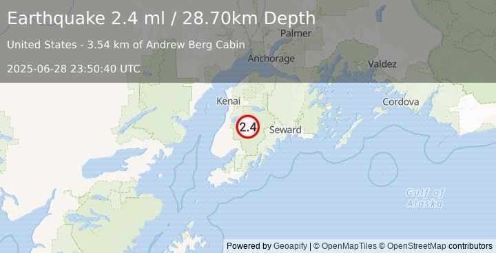Earthquake 37 km NNE of Fox River, Alaska (2.4 ml) (2025-06-28 23:50:40 UTC)