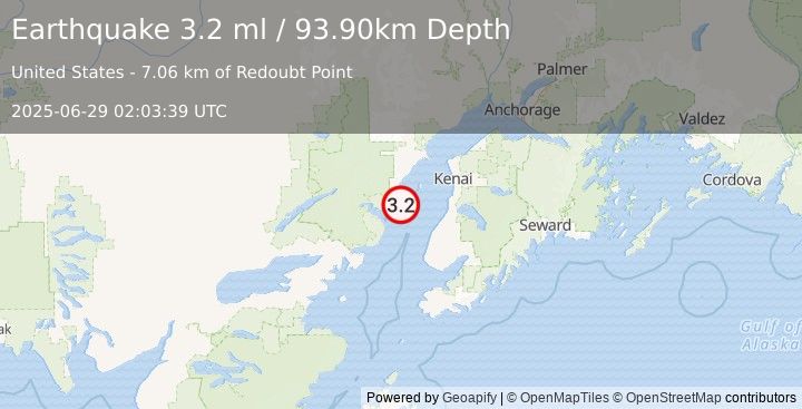 Earthquake 44 km NW of Ninilchik, Alaska (3.2 ml) (2025-06-29 02:03:39 UTC)